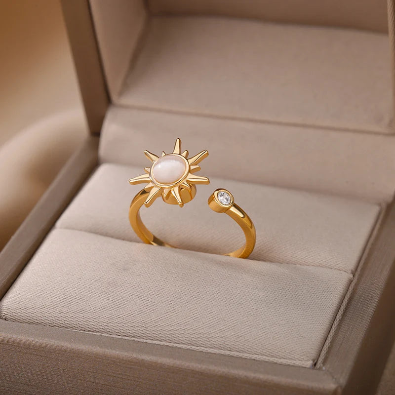 Rotating Sun Opal Ring For Women Stainless Steel Retro Charm