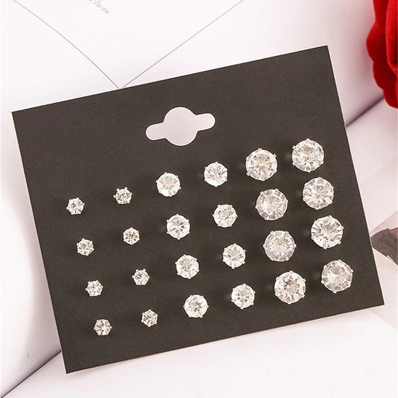 New 12 Pair/Pack White Shiny Wedding Stud Earrings Set For Women Men
