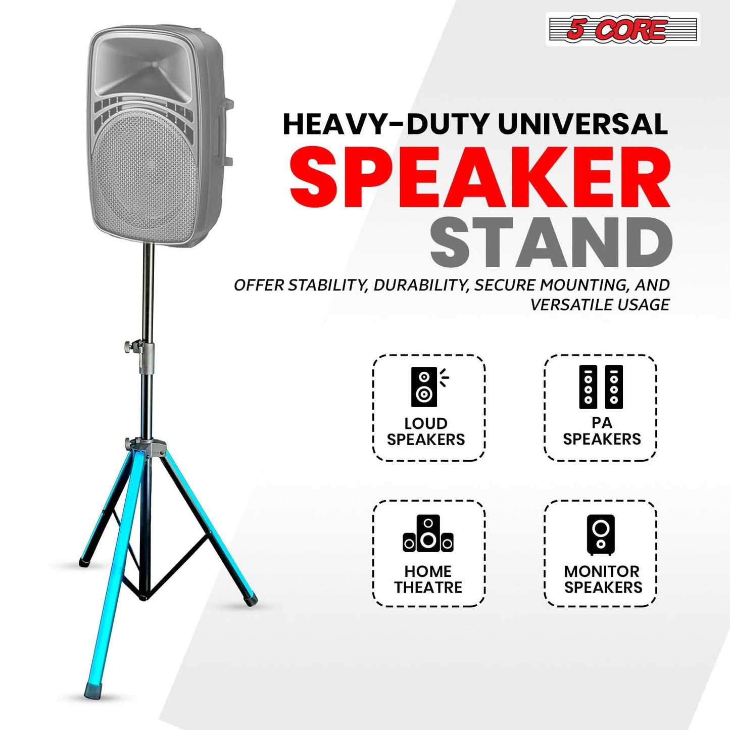 5Core Speaker Stand Tripod w RGB  Lights Adjustable 72 Inch DJ Studio Monitor Stands-4