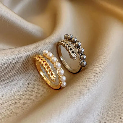 Delicate Flower Open Ring Rhinestone Imitation Pearl Rings Ladies