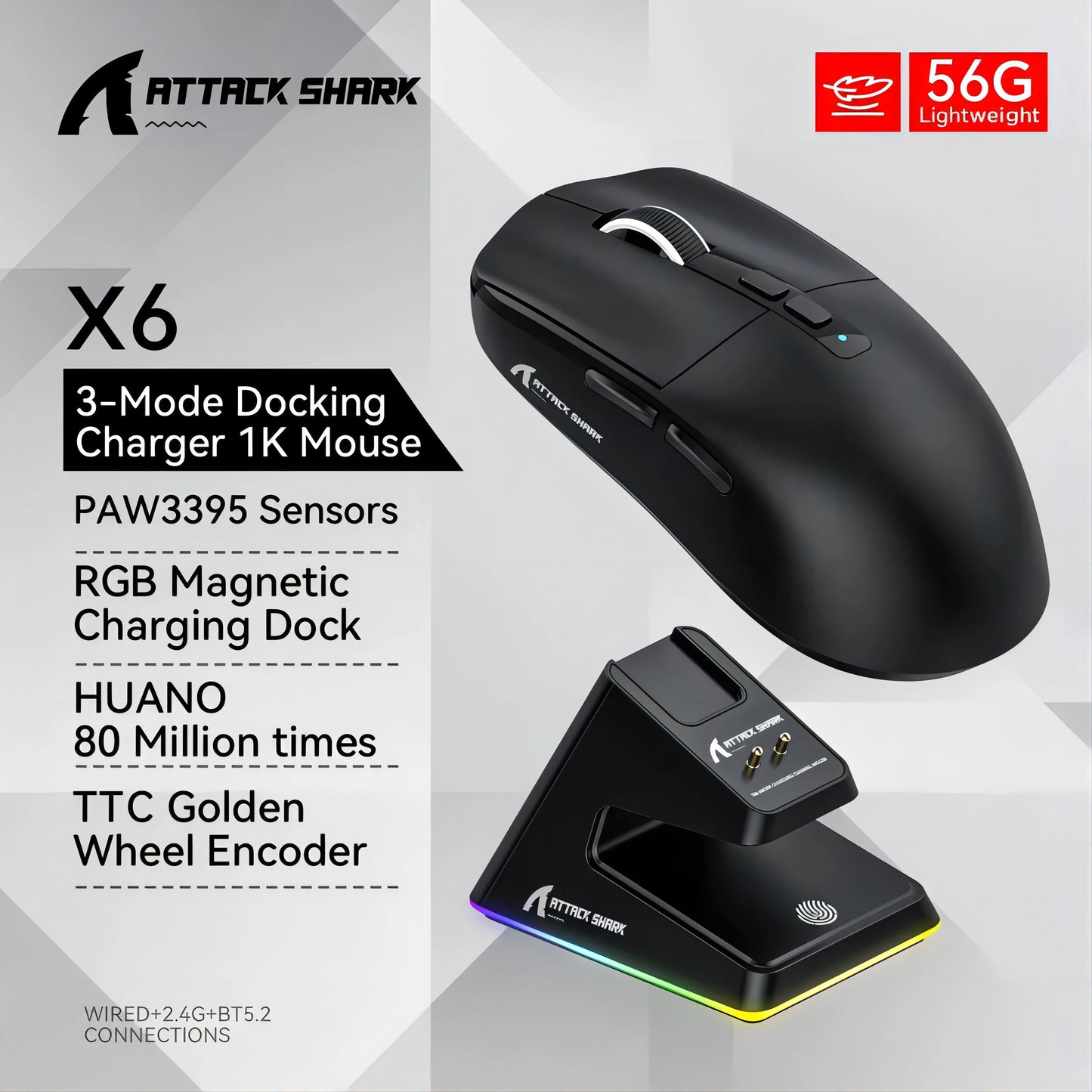 Attack Shark X6 Bluetooth Mouse , PixArt PAW3395, Tri-Mode Connection,
