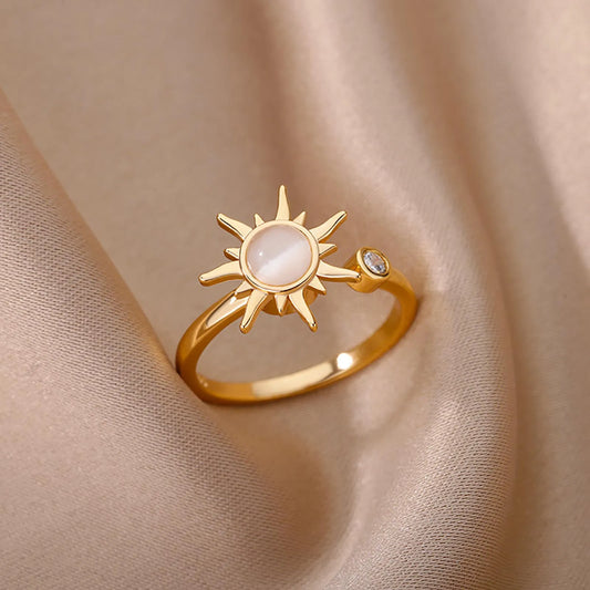 Rotating Sun Opal Ring For Women Stainless Steel Retro Charm