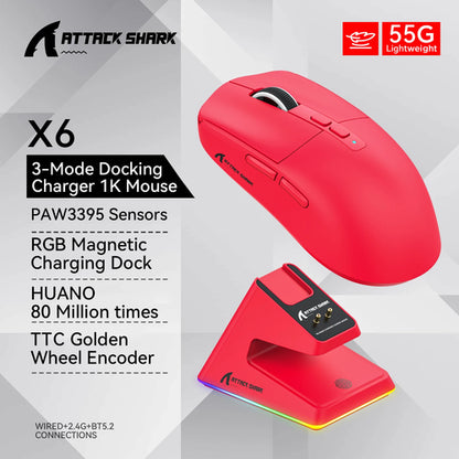 Attack Shark X6 Bluetooth Mouse , PixArt PAW3395, Tri-Mode Connection,