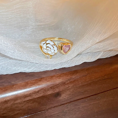 Delicate Flower Open Ring Rhinestone Imitation Pearl Rings Ladies