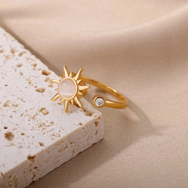 Rotating Sun Opal Ring For Women Stainless Steel Retro Charm