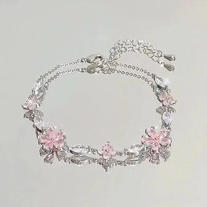 Shiny Pink Crystal Cherry Blossom Bracelets For Women Girls Sweet Moon