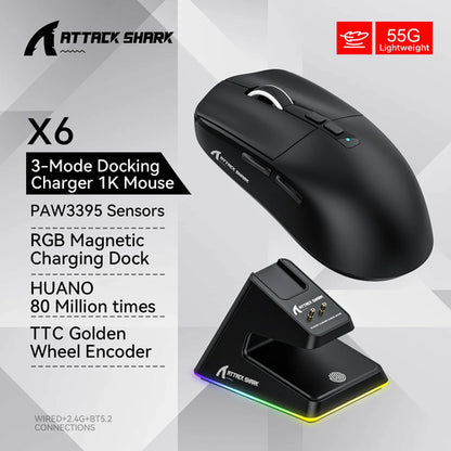Attack Shark X6 Bluetooth Mouse , PixArt PAW3395, Tri-Mode Connection,
