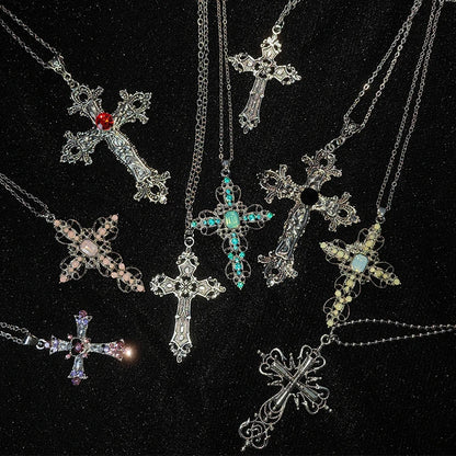 Y2K Punk Crystal Big Cross Pendant Necklaces for Women Men Gothic