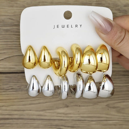 6pcs Chunky Gold Plated Waterdrop Hoop Earring Set For Women European