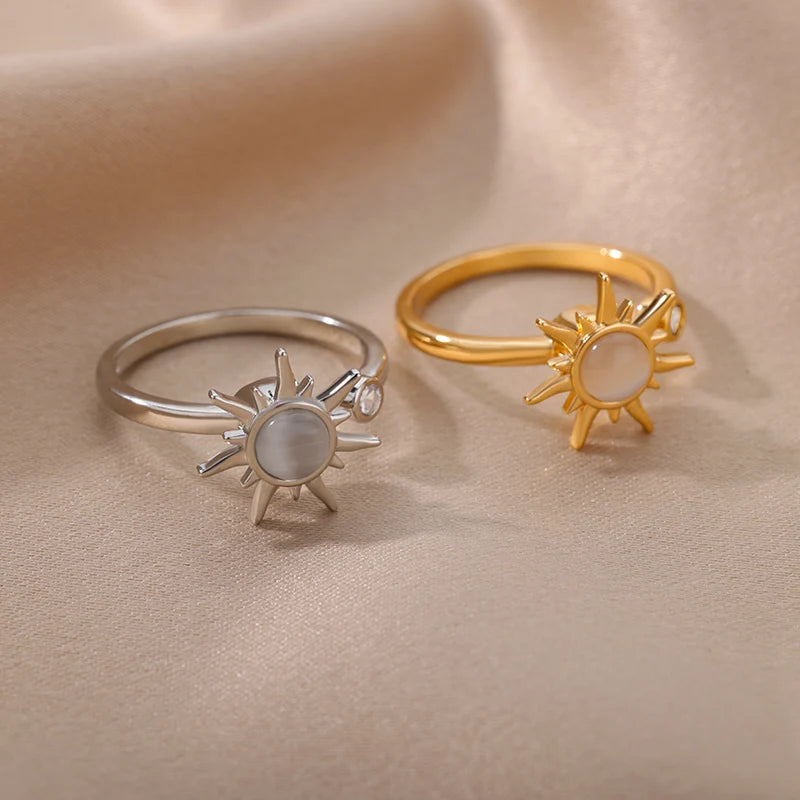 Rotating Sun Opal Ring For Women Stainless Steel Retro Charm