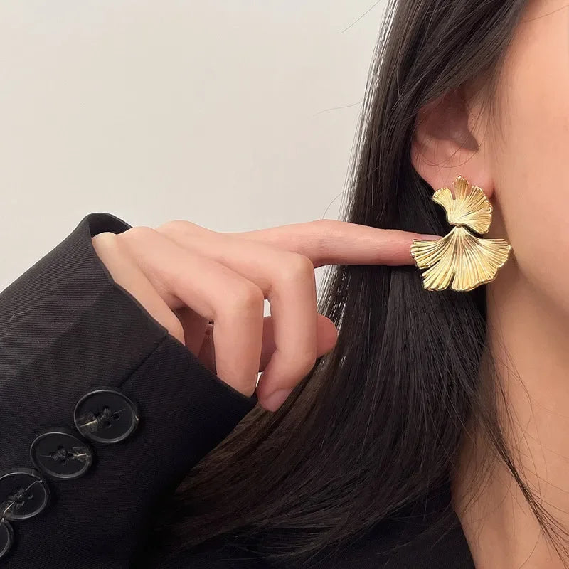 Simple Silver Color Metal Big Plant Ginkgo Leaf Earrings for Women