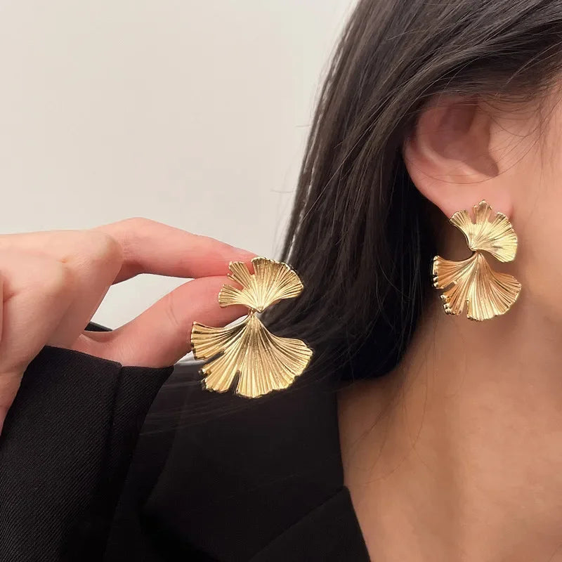 Simple Silver Color Metal Big Plant Ginkgo Leaf Earrings for Women