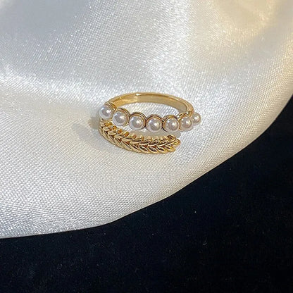 Delicate Flower Open Ring Rhinestone Imitation Pearl Rings Ladies