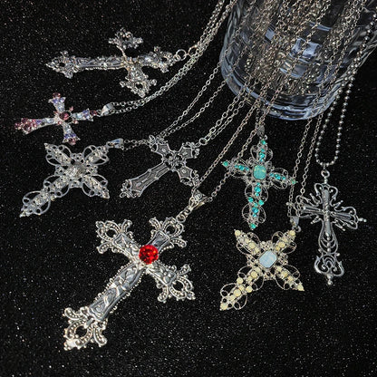 Y2K Punk Crystal Big Cross Pendant Necklaces for Women Men Gothic