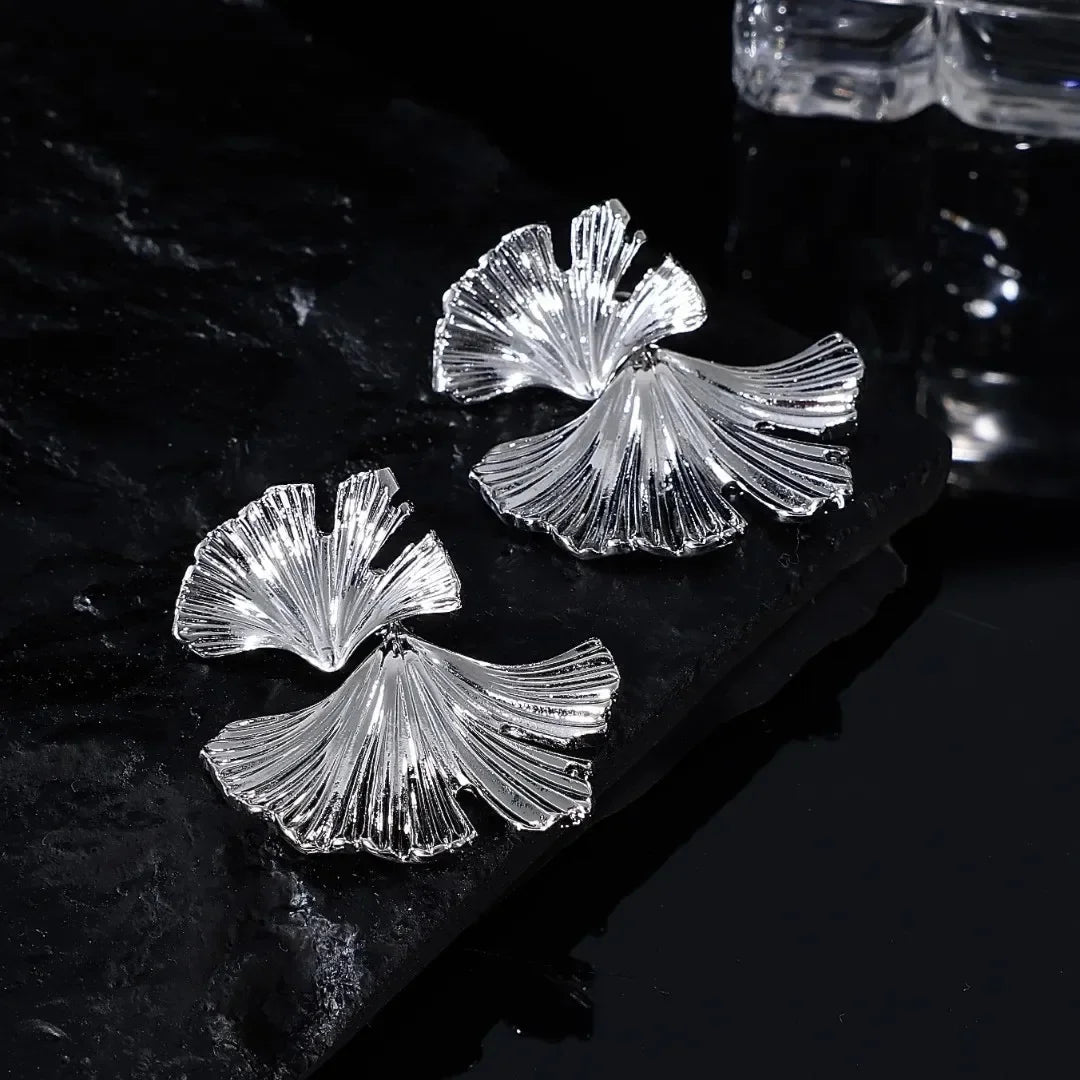 Simple Silver Color Metal Big Plant Ginkgo Leaf Earrings for Women