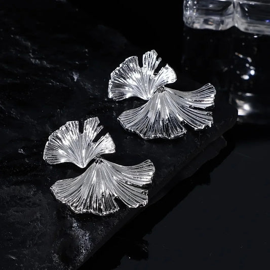 Simple Silver Color Metal Big Plant Ginkgo Leaf Earrings for Women