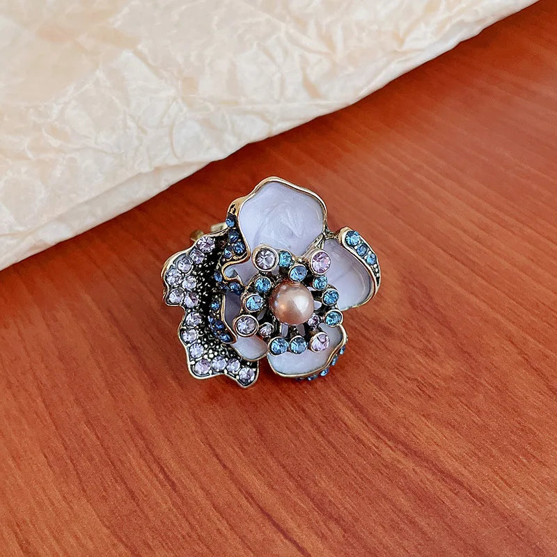 Delicate Flower Open Ring Rhinestone Imitation Pearl Rings Ladies