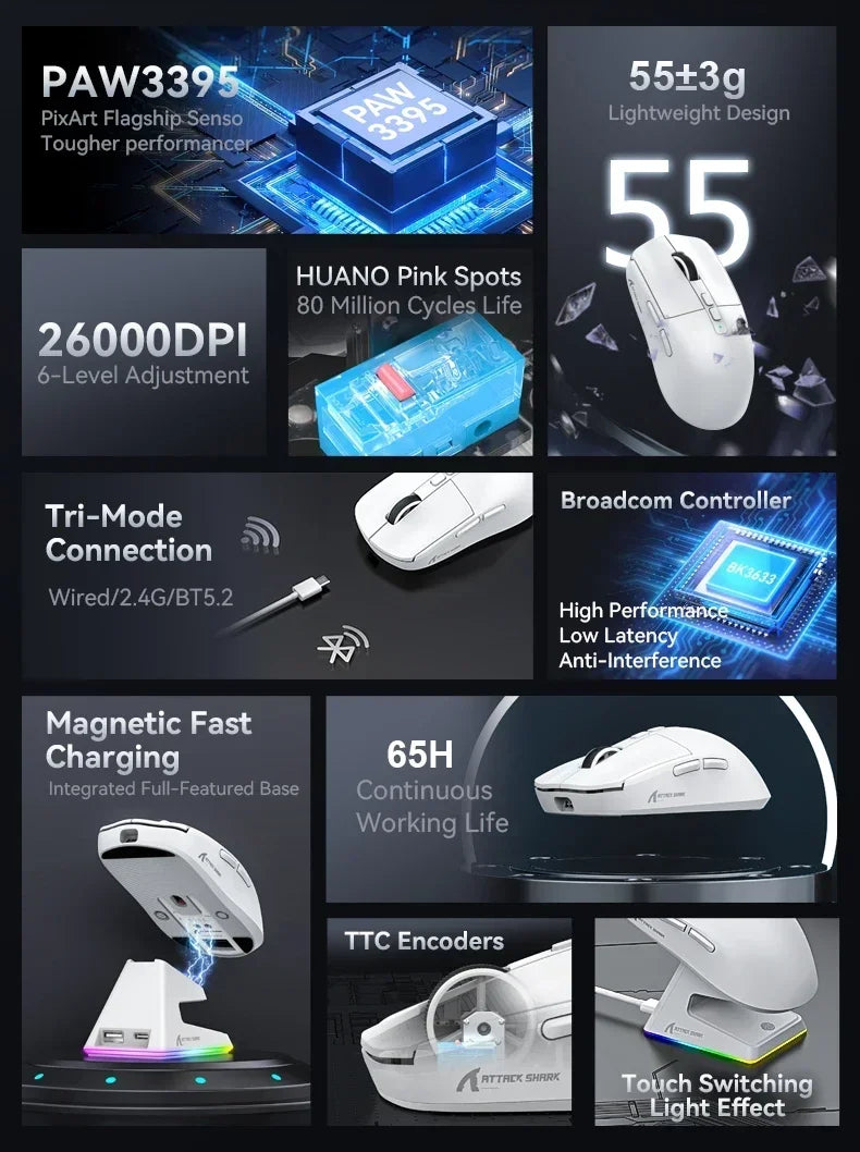 Attack Shark X6 Bluetooth Mouse , PixArt PAW3395, Tri-Mode Connection,