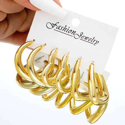 6pcs Chunky Gold Plated Waterdrop Hoop Earring Set For Women European