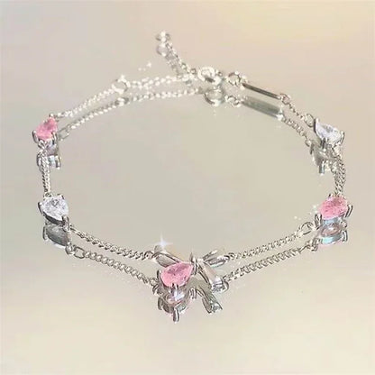 Shiny Pink Crystal Cherry Blossom Bracelets For Women Girls Sweet Moon