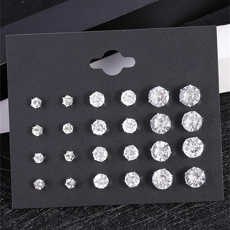 New 12 Pair/Pack White Shiny Wedding Stud Earrings Set For Women Men