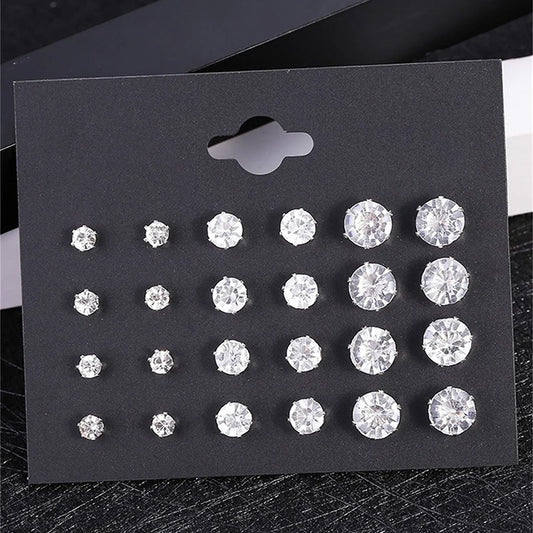 New 12 Pair/Pack White Shiny Wedding Stud Earrings Set For Women Men